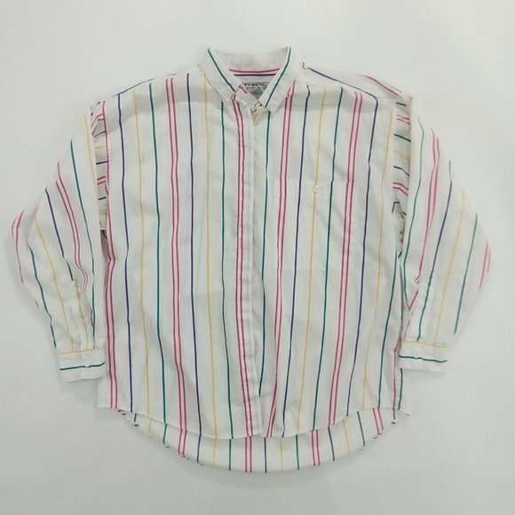 Vintage Optimistic Button Front Shirt Size L Vertical Stripes White - Picture 1 of 4